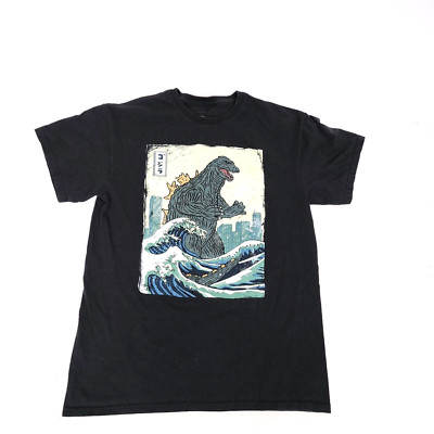 Godzilla The Great Wave Japanese Black T Shirt Medium Black Short Sleeve-image