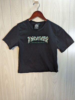 Thrasher Magazine Rose Vine LOGO Cropped Skateboard Black T Shirt Adult Small-image