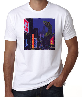 Vaporwave Dinosaur Attacking City Japanese Godzilla Printed Cotton Men's T-shirt-image