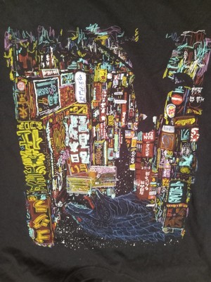 Men’s Threadless Kaiju City Design Godzilla and Samurai T-Shirt Black Size XL-image