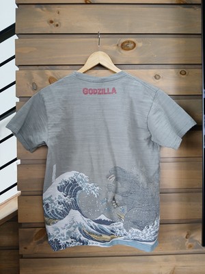 Godzilla T-shirt Ukiyoe Japanese Traditional Print Wagara Gray Size Large-image