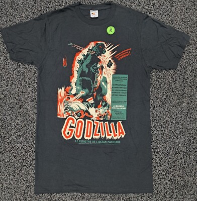 Godzilla French Poster Shirt Grey NEW Size Large Original Art Colorful Style-image