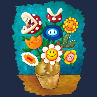 SUPER MARIO BROS Vincent Van Gogh Piranha Plant Flowers Art Nintendo NEW T-SHIRT-image