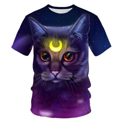 3D Cat Print Short Sleeve Men's T-Shirt with Round Neck - Loose Fit Milk Silk Fa-image