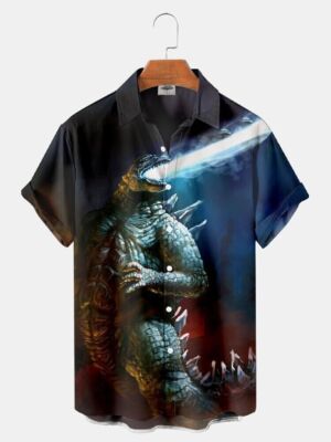Classic Horror Monster Movie Godzilla 3D Print Buttoned Hawaiian Shirt_834_88-image