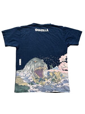Godzilla Shirt Blue Toho Co Ukiyoe Wave Attack Rare Print Japan Sz M Distressed-image