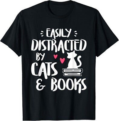 Easily Distracted by Cats and Books - Cat & Book Lover,Short Sleeve T-Shirt-image
