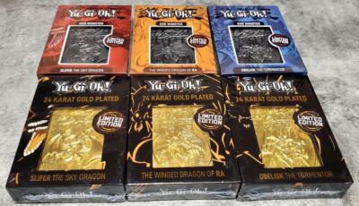 Yu Gi Oh! 24K Pure Gold Plated Metal Card Set of 3 Egyptian God 5000 Limited-image