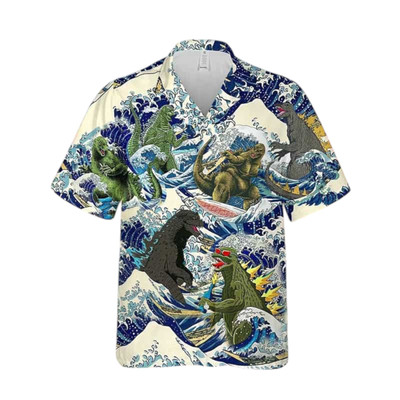 Godzilla Surfing Funny 2024 Trending Hawaiian Shirt Hawaiian Shir-image