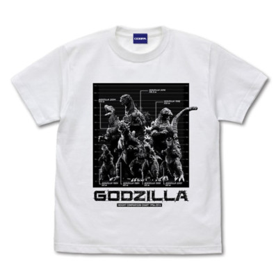 Past Godzilla Height Comparison Table T-Shirt White TOHO Godzilla Store JP Kaiju-image