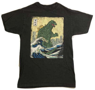 GODZILLA “The Great Wave” Black T-Shirt Size Small Japanese Lettering Horror-image