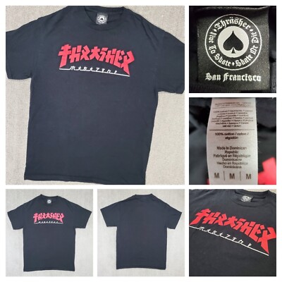 Thrasher Magazine GODZILLA LOGO Skateboard T Shirt BLACK RED BRED Size Med EUC-image