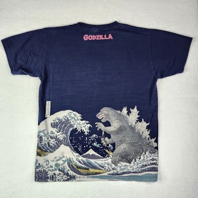 Vintage GODZILLA T Shirt Toho Mens XXL Graphic Kaiju Wave Art Cotton Blue Ukiyoe-image