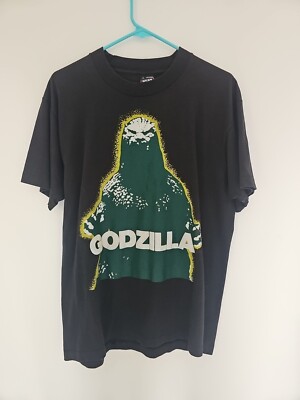 Vintage 90s Fruit of the Loom Godzilla Kaiju T-Shirt Black Sz L Crew Tee -image
