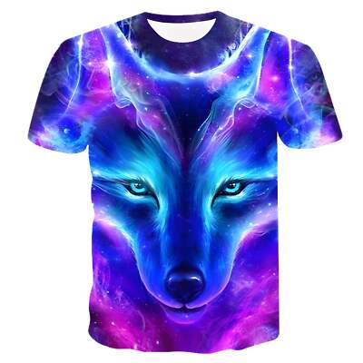 Men's 3D Purple Fox Wolf Head Print Casual Short Sleeve T-Shirt - Cotton Blended-image