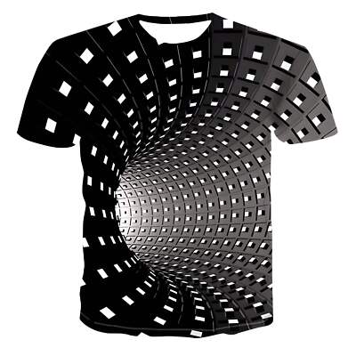Men's 3D Illusion Pattern Short Sleeve T-shirt in Black, Round Neck, Comfortable-image