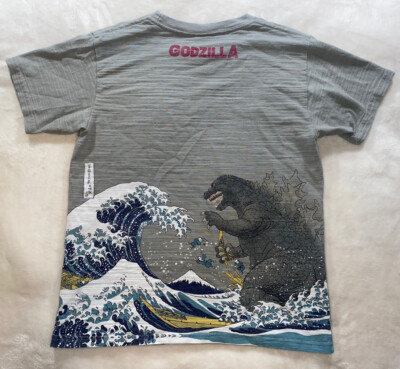 Godzilla T-shirt Ukiyoe Japanese Traditional Print Wagara Gray Size Medium-image