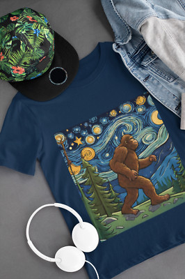 Big foot in Van Gogh's Starry Night T Shirt Art Painting T Shirt Unisex Tee-image