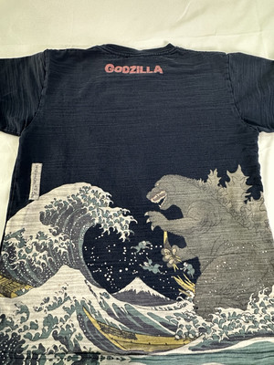 Godzilla v Wave Folcart Toho Hokusai Ukiyo-e Graphic T Shirt Navy Sz M GZ-UT-001-image