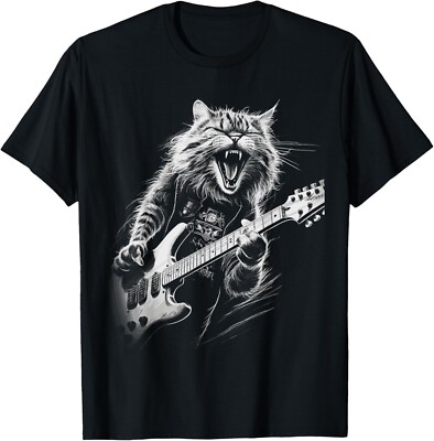 Rock Cat Playing Guitar mens woman Funny Guitar Cat T-Shirt-image
