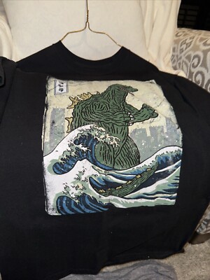 Toho Godzilla Men's MED Black T Shirt Officially Licensed Hokusai Edition-image