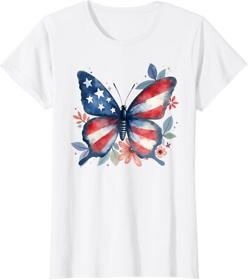 Butterfly Floral American Flag USA 4th Of July Girls Women T-Shirt-image