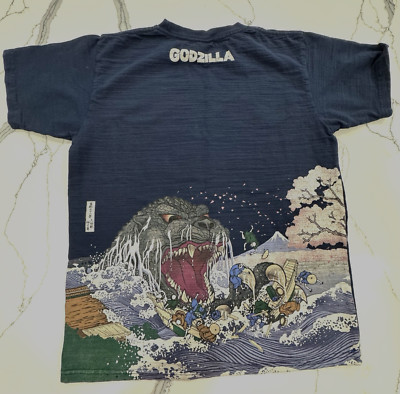 Godzilla T-Shirt TOHO Sz Large Graphic Print Navy Blue Great Wave Off Kanagawa-image