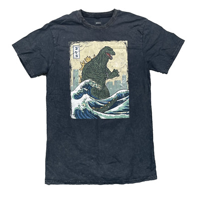 Godzilla T-Shirt Mens Medium Blue Graphic Distressed Streetwear Japan Great Wave-image
