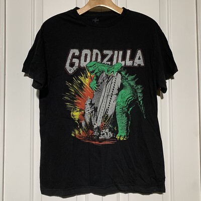 Godzilla Shirt Black Short Sleeve Old Movie Graphic Shirt Size M-image