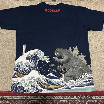 Godzilla Men T Shirt Hokusai Wave Mt Fuji Graphic Blue Short Sleeve Size XXL-image