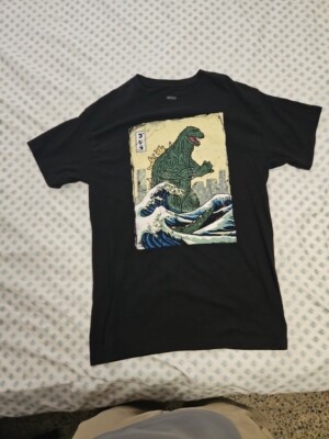 GODZILLA Kanagawa Wave Graphic T-Shirt Men's Size Medium Black Cotton Shirt GUC-image