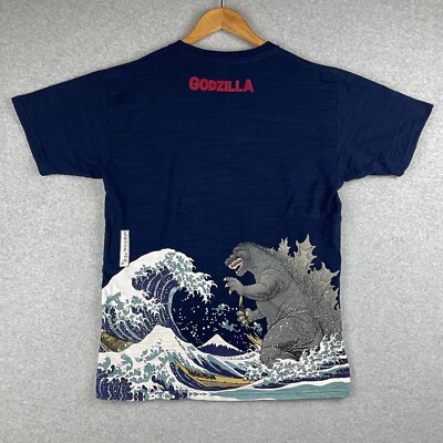 VTG Godzilla Shirt Mens XL Blue Great Wave off Kanagawa Art Japanese Movie Toho-image