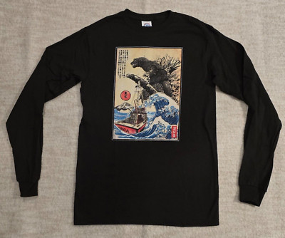 Great Wave Of Godzilla Japanese Monster Kaiju Movie Art TShirt Long Sleeve Small-image