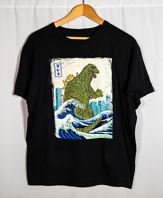 Godzilla Japanese Kaiju Monster Waves TOHO Y2K Black T-Shirt - Men's Large-image