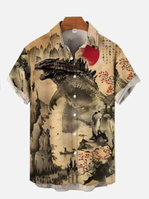 Japanese Classic Movie Godzilla Art 3D Print Button Up Hawaiian Lapel Shirt Tops-image