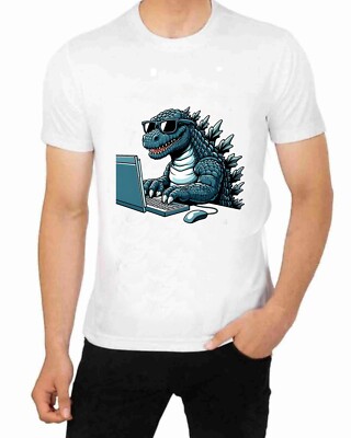 Godzilla the Writer Fun Cartoon  t shirt for Men Apparel Monster Movie Art-image