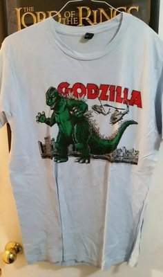 Godzilla Cobra Helicopter Air Strike Attack City Skyline Men's L Blue T shirt-image