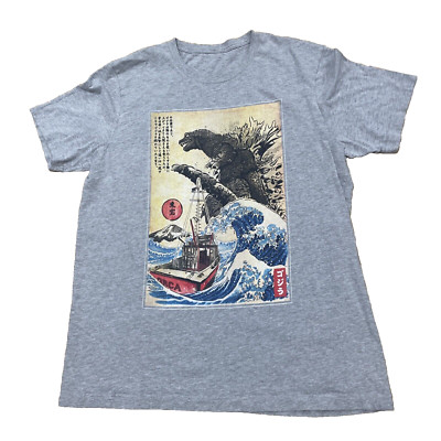 Godzilla Gojira Japan Wave Graphic Tee Shirt Mens L Gray Grey Streetwear Large-image