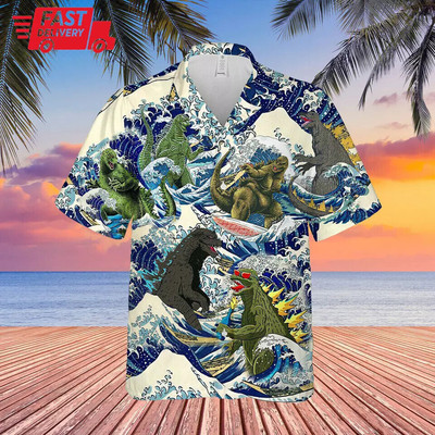 Godzilla Surfing Unisex Hawaiian Shirt 3D Vintage Beach Shirt Best Price NEWtyr-image