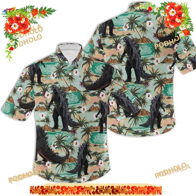 Godzilla Tropical Palm Funny Hawaiian Shirt, Funny Aloha Monster Shirt-image