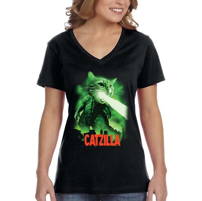 XtraFly Apparel Women's Catzilla Cat Pet Monster Japan Godzilla V-neck T-shirt-image