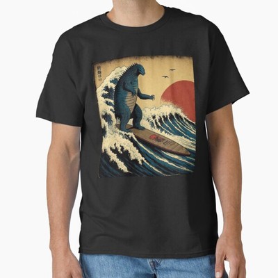 Vintage Godzilla Surfing The Great Wave by Ho T-Shirt Made in US/AUS Size S-2XL-image