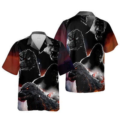 Classic Horror Monster Movie Godzilla 3D Print Buttoned Hawaiian Shirt-image