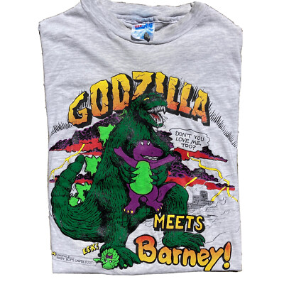 Vintage Godzilla Meets Barney Cartoon Parody Single Stitch T-shirt Size Large-image