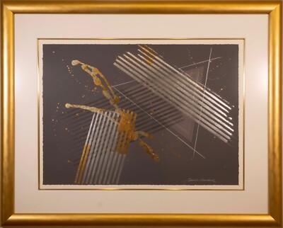 Postmodern Polymer & Fiber Painting on Paper Signed Rowland 1986 Framed COA-image