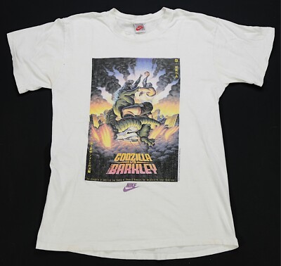 Rare VTG NIKE Charles Barkley vs Godzilla 1992 Spell Out Swoosh T Shirt 90s SZ L-image