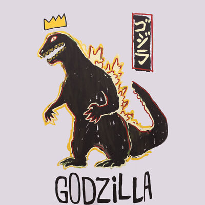 Godzilla Doodle with Crown Front and Back Print T-Shirt White-image